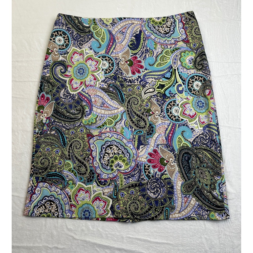 Talbots Paisley Pencil Skirt Womens 12 Multi Color Stretch Cotton Knee Length